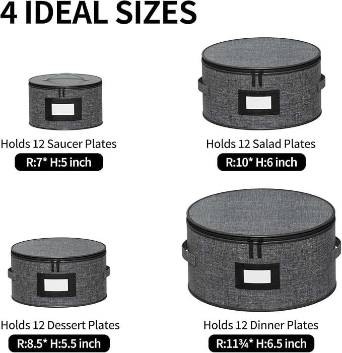 Aokeyee 4-Piece Plate Storage Set, Hard-Shell Dinnerware Organizer, Grey | With 48 Soft Felt Dividers for Saucer, Dessert, Salad and Dinner Plates, Dual Zippers, Handles, Stackable, Moving & Storage