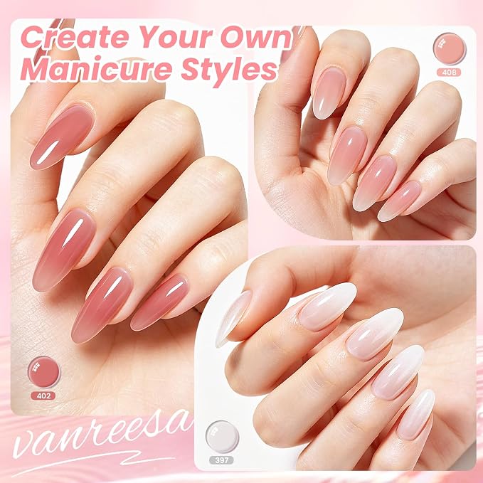 VANREESA 24Pcs Jelly Gel Nail Polish Set -Soft Milky White Nude Pink Red Brown Jelly Translucent Gel Polish Colors with Base Coat 4 Top Coats Neutral Colors All Seasons Nail Polish Set Gifts for Women