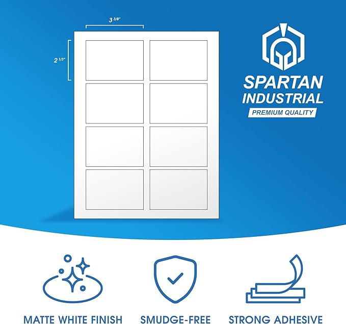 2 1/3" X 3 3/8" Matte White Printable Labels (100 Sheets, 800 Stickers) Name Tag Stickers, Address and Shipping Labels for Laser & Inkjet Printers - Spartan Industrial Template R013