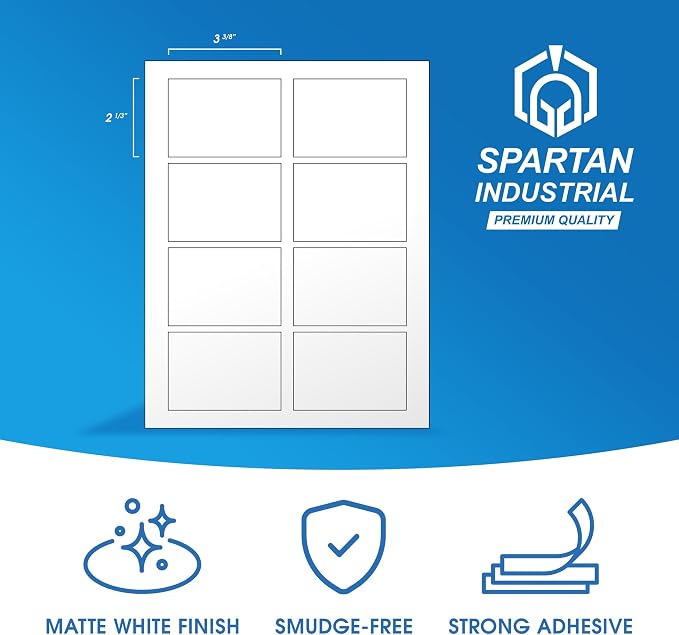 2 1/3" X 3 3/8" Matte White Printable Labels (30 Sheets, 240 Stickers) Name Tag Stickers, Address and Shipping Labels for Laser & Inkjet Printers - Spartan Industrial Template R013
