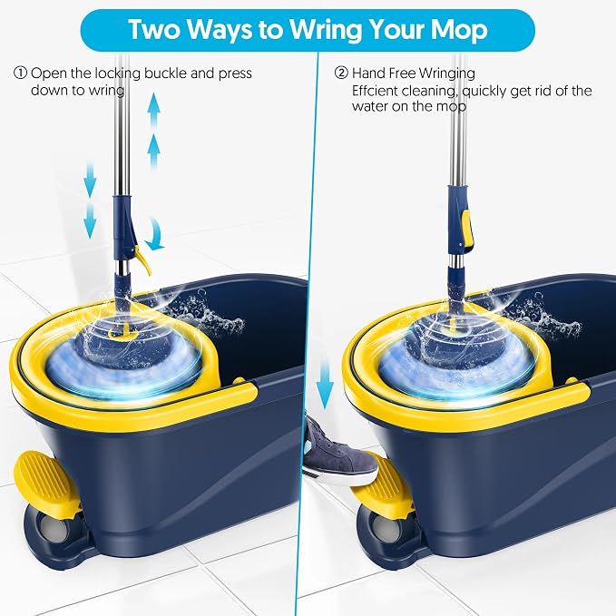 Spin Mop and Bucket with Wringer Set, 360° Rotating Microfiber Mop, Adjustable Handle, Hands-Free Wringing, Reusable Mop Heads (Light Yellow mop and Bucket + 5 mop Head)