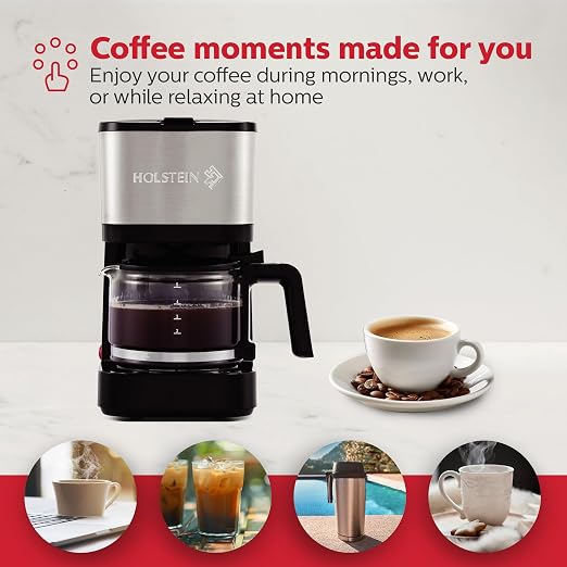 Holstein Housewares 5 Cup Coffee Maker – Compact Drip Coffee Machine with Auto Pause & Serve, Reusable Filter, Glass Carafe, Water Window & Warming Plate, Black
