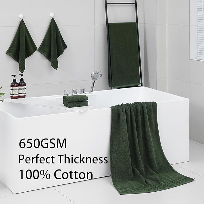 YTYC 27.5x55 Bath Towels Set,100% Cotton,650GSM,Olive Green,6-Pieces | Ultra Soft,Highly Absorbent, 2 Bathroom Towels,2 Hand Towels, 2 Washcloths, Towels for Bathroom, Gym, Spa,Pool