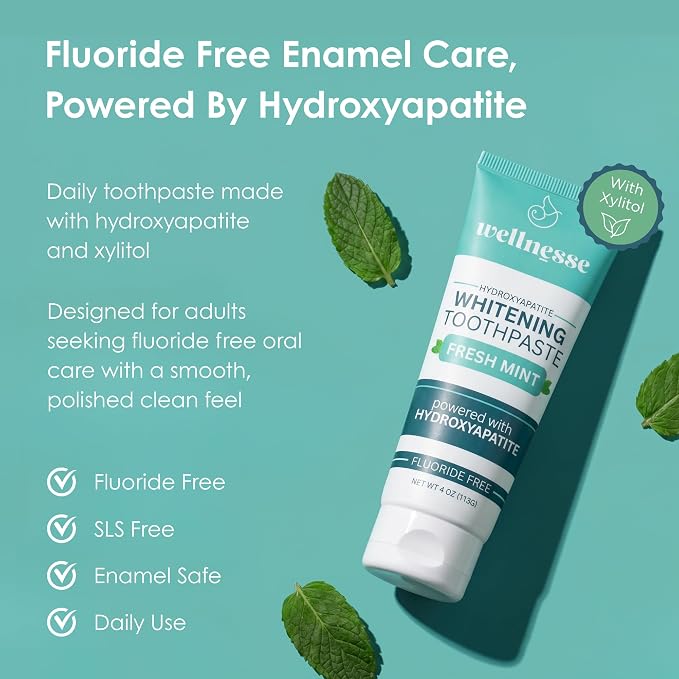 Hydroxyapatite Toothpaste, Whitening, Fluoride Free, Fresh Mint, 4 Oz | Wellnesse Remineralizing Enamel Care, SLS Free, Xylitol Formula for Sensitive Teeth, Dental Oral Care for Adults, Lower Foam