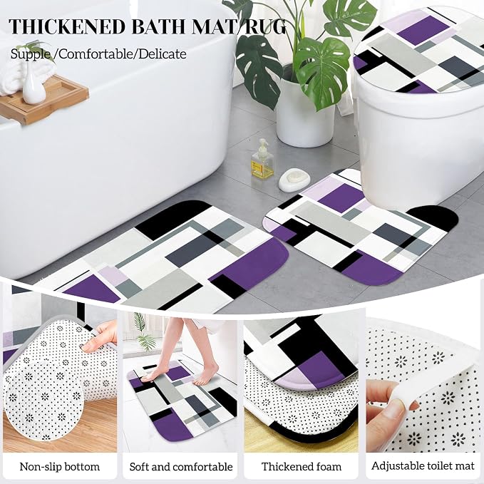 Lnond Purple Bathroom Set, 23-Piece Purple Black Geometric Bathroom Decor Set with with Shower Curtain and Rugs, Trash Can, Toilet Brush Holder Set & Soap Dispenser