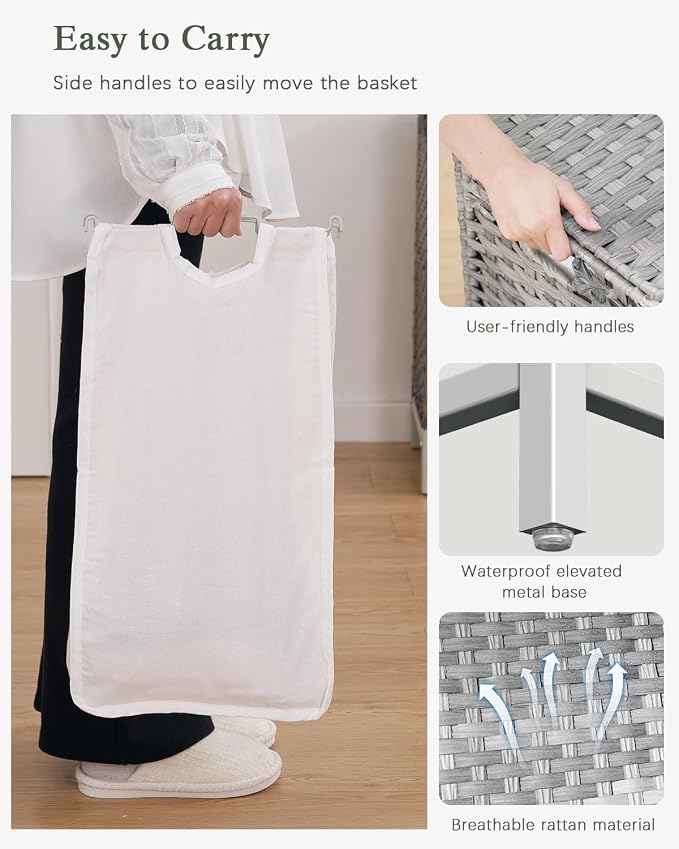 SETVSON Laundry Hamper with Lid, 112 L Handwoven PE Rattan Wicker, Gray | 2-Section Large Basket, 2 Removable Liner Bags, Heightened Metal Feet, 6 Mesh Laundry Bags, Foldable Side Handles