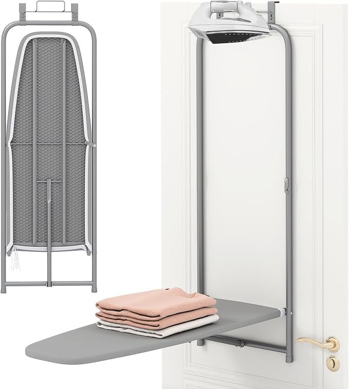COSTWAY Over the Door Ironing Board, Space-Saving Metal Hanging Iron Board | Iron Holder & Cotton Cover, Compact Fold Down Iron Stand for Home, Apartment, Laundry Room, Dorm (35"L x 17"W x 47"H)
