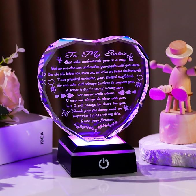 Arikyrist Gifts for Sister Mothers Day Sister Birthday Gifts Crystal Heart Keepsake with LED Light Base Sisters Gifts from Sister Brother for Christmas