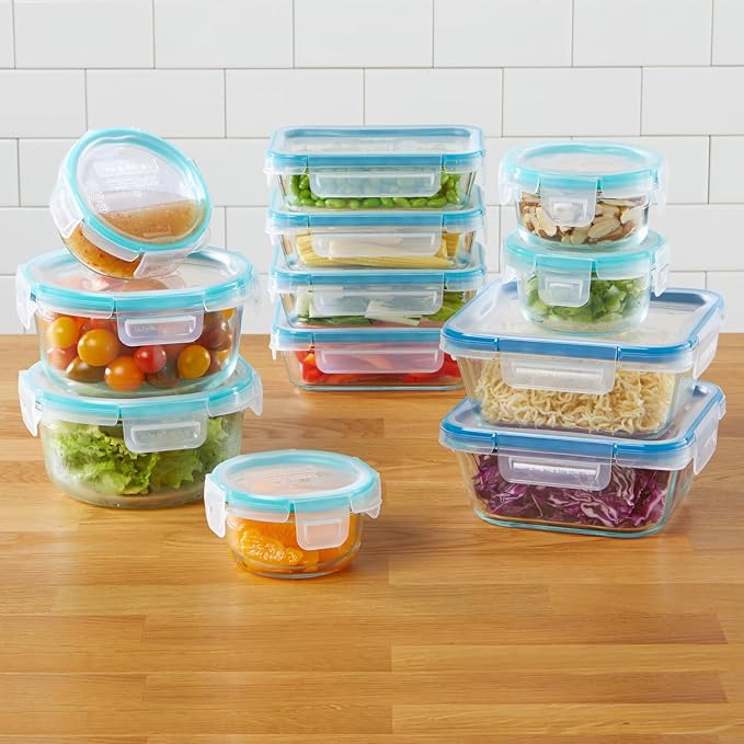 Snapware Glass Total Solutions (12-Pack) Food Storage Containers Set, (1, 2 & 4 Cup), Airtight & Leakproof Plastic Locking BPA-Free Lids, Freezer Dishwasher Microwave Safe