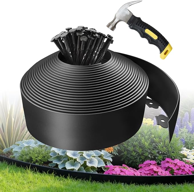 Kryonix 4 in x 60 ft Landscape Edging with Stakes | Flexible plastic no-dig garden edging with 75 stakes. Easy install for lawns, flower beds & landscaping.