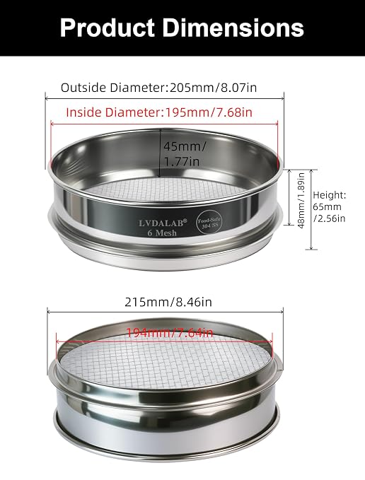 All 304 Stainless Steel 6 Mesh Test Sieve (3.2mm Aperture), 8 Inch/20cm Diameter, Lab Sifter & Soil Strainer, Heavy Duty Wire Screen for Rock, Gravel & Bonsai
