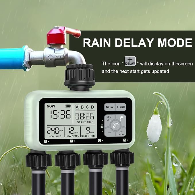 Watering Timer 4 Zone, Sprinkler Timer,Programmable Garden Outdoor Hose Faucet Timer with Rain Delay/Manual/Automatic Watering System,Water Hose Irrigation Timers 4 Outlet for Garden Lawn