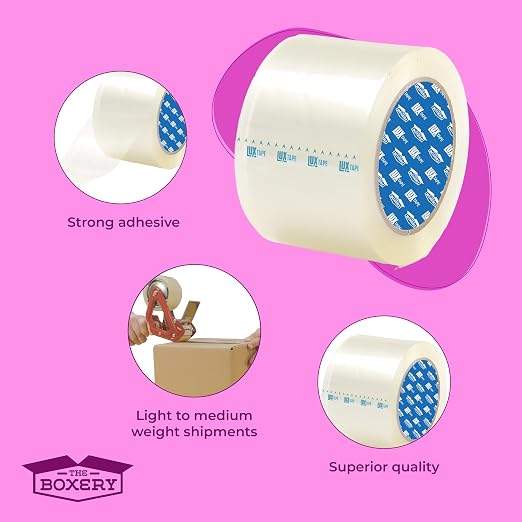 The Boxery 3" x 110 Yards Clear Packing Tape – 24 Roll Carton – Warehouse Grade Adhesive for Shipping, Moving & Packaging – Standard Strength 1.85 Mil Box Sealing Tape