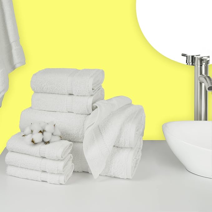 Chakir Turkish Linens Set of 8 Towel Set, 100% Cotton Luxury Turkish Towels for Bathroom, Soft Absorbent Bath Towel Set with 2 Bath Towels 2 Hand Towels 4 Washcloths, White