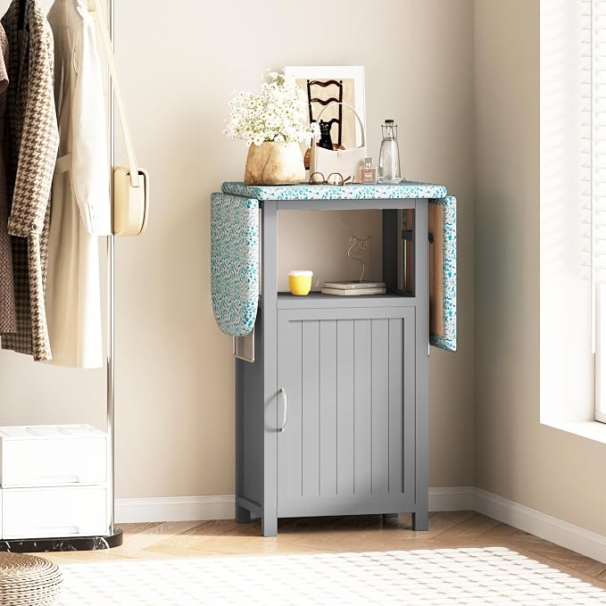 Ironing Board with Storage Cabinet, Ironing Station with Extra Storage | Ironing Board Cabinet with Heat-Resistant Pad, Ironing Table, Wood Folding Ironing Board for Small Spaces, Laundry Room, Grey