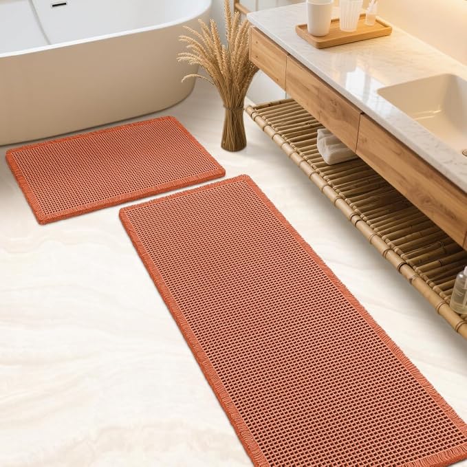 IM HOME Waffle Bath Mat Set 2 Piece Burnt Orange,Woven Modern Bath Rug Mats, Absorbent Non Slip Bath Floor Mat, Soft Washable Boho Bath Rugs with Tassels for Bathroom, Bedroom, Kitchen, Tub