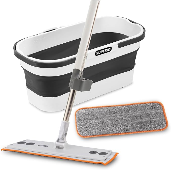 Superio Fold N' Go 10L Collapsible Mop Bucket with Wheels, Self-Wringing Microfiber Flat Mop & 8"x4.5" Reusable Pad - Portable, Hands-Free Cleaning Set for Home & Outdoor Use