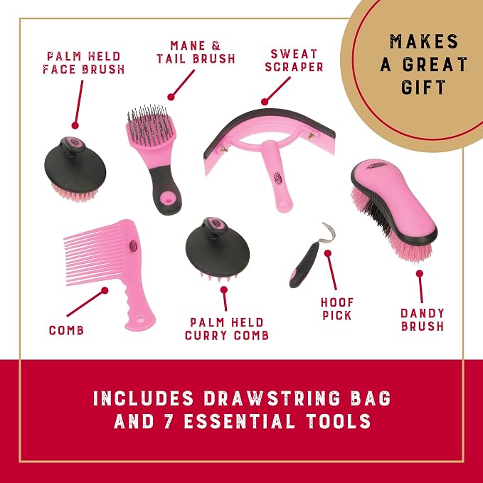 Weaver Equine Horse Grooming Kit, 7-Piece Horse Brush Set with Organizer Tote Bag, Hoof Pick, Comb, Sweat Scraper, Equine Tools for Daily Grooming, Gray/Pink