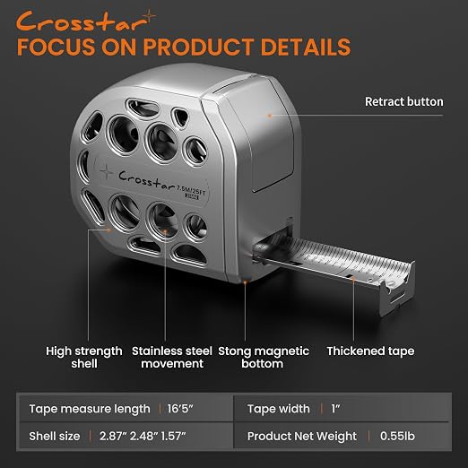 Crosstar 16FT Magnetic Self-Locking Stainless Steel Tape Measure, Double-Sided Scale, Waterproof & Rustproof Retractable Measuring Tape with Hollow Design for Home, Industrial, Woodworking