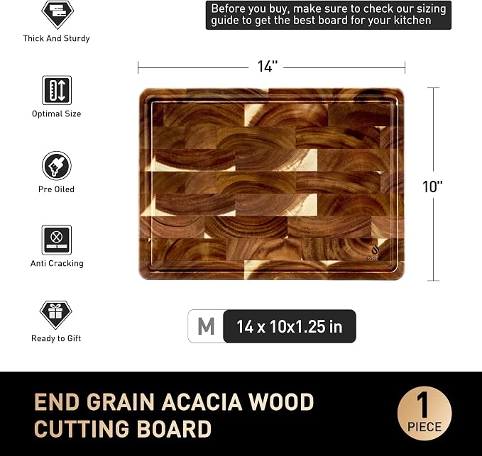 End Grain Cutting Board for Kitchen with Non-slip Feet, Acacia Wood Heavy Duty Checkered Cutting Board Handcrafted Luxury Chopping Board for Cooking and Serving Wooden Butcher Block Non Toxic