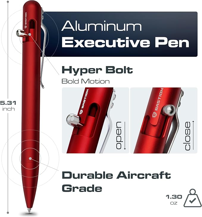 BASTION Bolt Action Pen, Aluminum Regal Red, HyperBolt EDC Pen, Refillable Metal Writing Pen, Premium Graduation Gift, Executive Pocket Pen
