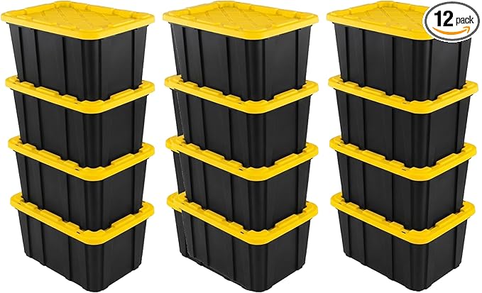 Sterilite 12-Pack Industrial Tote, Plastic Storage Container Bins with Lids, 27 Gallon - Large, Stackable, and Heavy-Duty Organizer Box Containers for Closet, Garage, Shelves, and Office