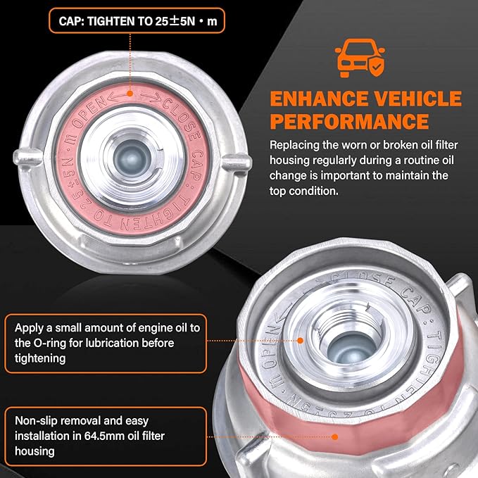 Upgraded Aluminum Oil Filter Housing Cap Assembly with O-Ring Seal Replacement for Toyota Camry Highlander RAV4 Sienna Tacoma Tundra 4Runner Avalon Lexus RX350 ES350 Replaces 15620-31060