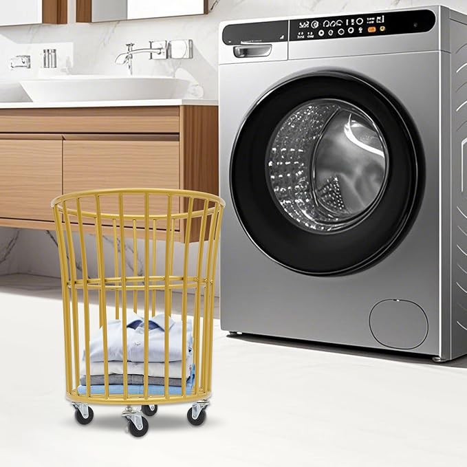 Rolling Laundry Basket with Wheels, Round Barrel Metal Mesh Laundry Hamper Dirty Clothes Basket, Versatile Portable Large Opening Storage Basket for Home, 14.2"×15.7" (Gold-Round Barrel)
