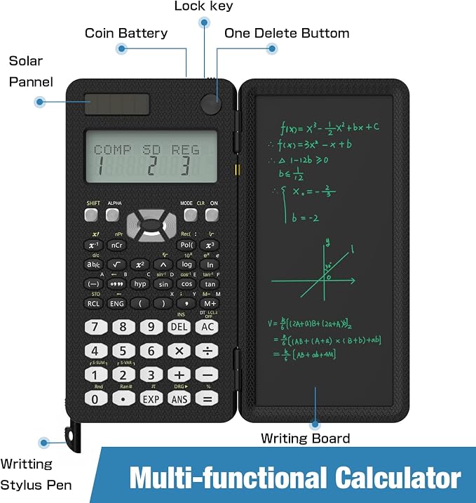 Scientific Calculator for Students with Notepad, ROATEE Middle and High School Supplies for Students, 82 MS Foldable 2-Line Display Science Calculator with Writing Tablet, Solar and Battery Powered
