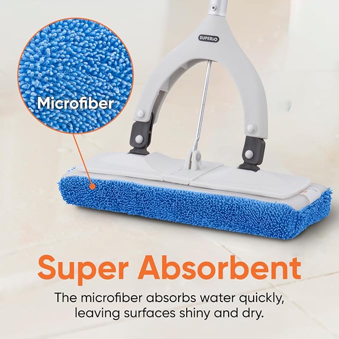 Superio Miracle Microfiber Flat Mop with Telescopic Handle & 2 Refill Pads - Self-Wringing, Lightweight Cleaning Set for Floors & Walls - Heavy-Duty & Reusable, Grey