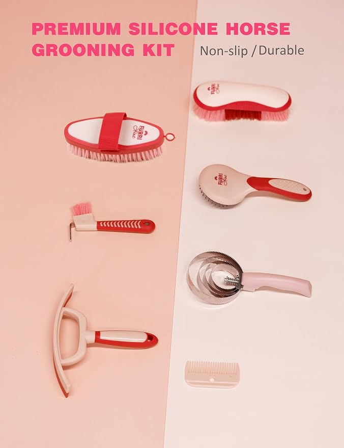 Horse Grooming Kit, 9 Piece Grooming Brush Set with Silicone Curry Comb for Bathing & Shedding Pink Garnet