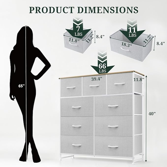 9-Drawer Dresser for Bedroom, Anti-Tip Tall Storage Organizer Chest of Drawers with Wooden Top and Metal Frame Fabric Bins for Closet, Living Room, Hallway, Entryway, Light Gray