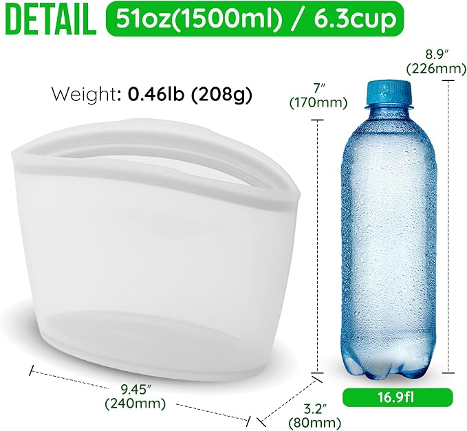 Reusable Silicone Food Storage Bag, 6 Cups, Large Container, Made in Korea BPA-Free Platinum Silicone, Triple-Airtight Freezer Bag, Microwave Safe, Sous Vide, Meal Prep, 51oz, White
