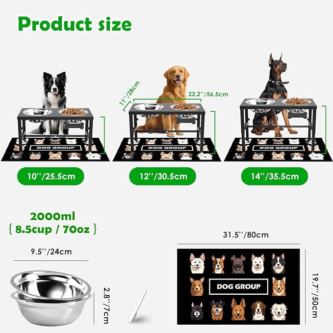 SHAINFUN Elevated Dog Bowls with Mat for Large & XLarge Dogs, Adjustable Height Raised Dog Bowl Stand with Two 68oz Bowls, Dogs Food Water Bowl Holder