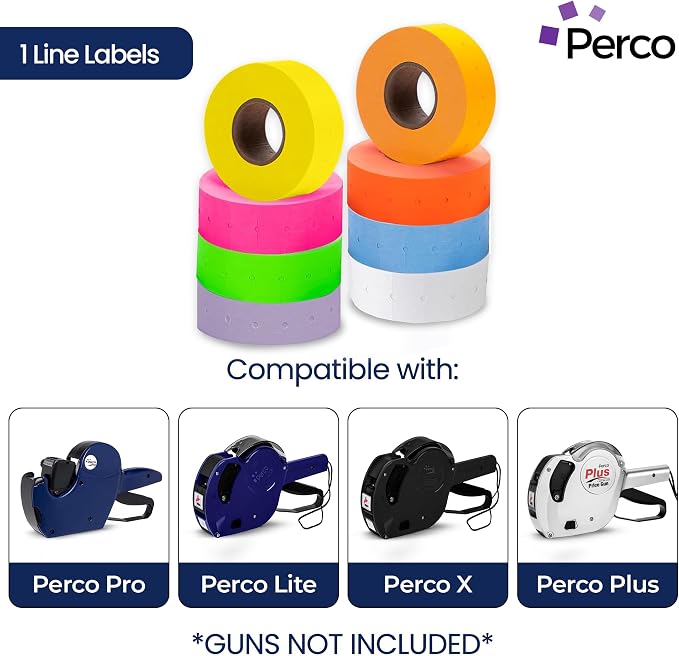 Perco 1 Line Multicolored Sleeve—240,000 Labels for Perco Lite, X, Plus & Pro Guns—Includes White, Yellow, Blue, Lavender & Fluorescent Colors (Red, Green,Pink, Orange)—240 Rolls, 30 Sleeves—USA Made