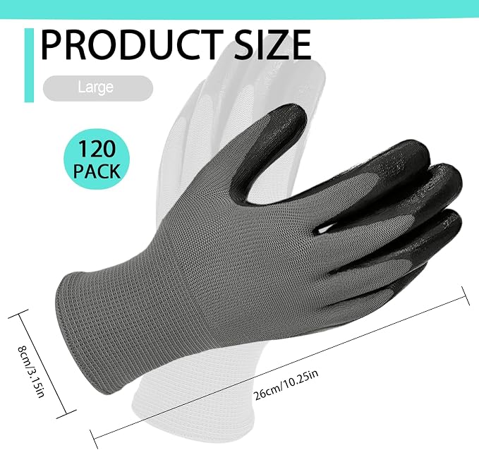 YOUKE OLA 120 Pair Gardening Gloves for Men Women, Breathable Rubber Coated Garden Gloves Working Gloves for Gardening, Construction Black 9/Large