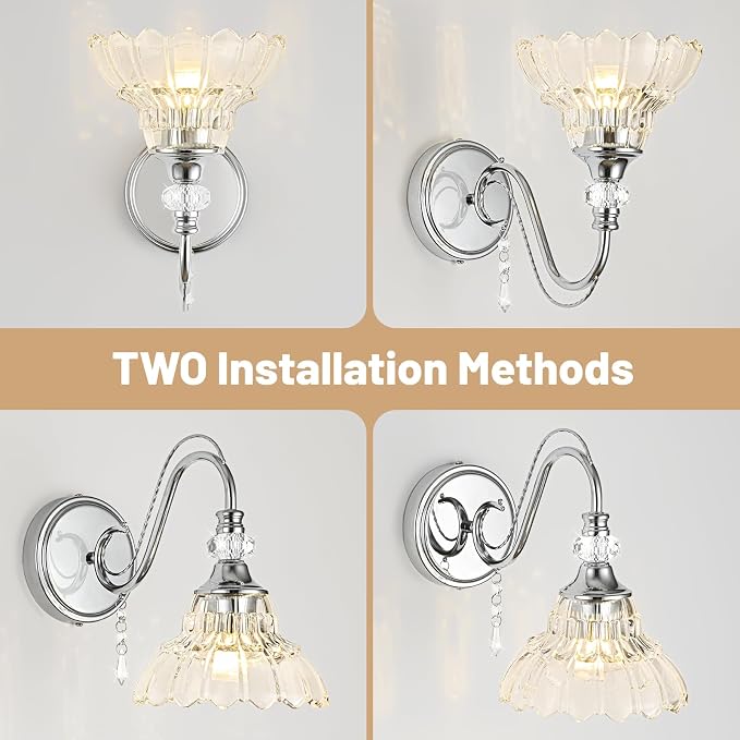 1 Piece Brushed Chrome Finish Wall Sconce, 1-Light Modern Wall Sconce with Hanging Crystal Accents and Flower-Shaped Clear Shades for Bathroom Bedroom Living Room,Modern Vanity Light