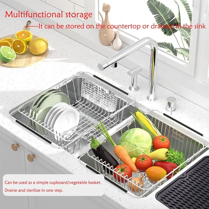 NiuYichee Stainless Steel Dish Drying Rack(15" L X 12.6" W X 4.7" H), Expandable Fruit & Vegetable Drain Rack Over Sink, Dish Drainer Rack in Sink, with Utensil Holder & Silicone Mat(16")