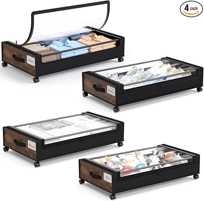 Yecaye Under Bed Storage with Wheels, 4 Pack Under Bed Storage Containers, Underbed Shoe Storage Organizer, Rolling Under Bed Metal Drawers for Clothes, Blankets, Brown