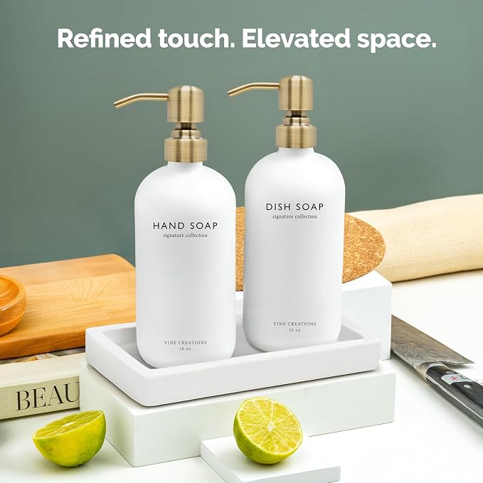 Vine Creations Glass Soap Dispenser Set, Kitchen Soap Dispenser Set with Ceramic Tray, 16 oz Dish Soap and Hand Soap Dispenser Set with Stainless Steel Pump Decor (White Bottle/Brushed Brass)