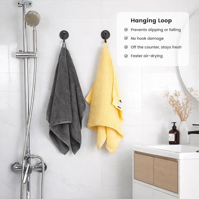 SEMAXE Bath Towel Set, 12 Piece Cotton Towel Set for Bathroom, More Towels for Family Use, Quick Dry with Hanging Loops, Easy Care, Yellow & Gray