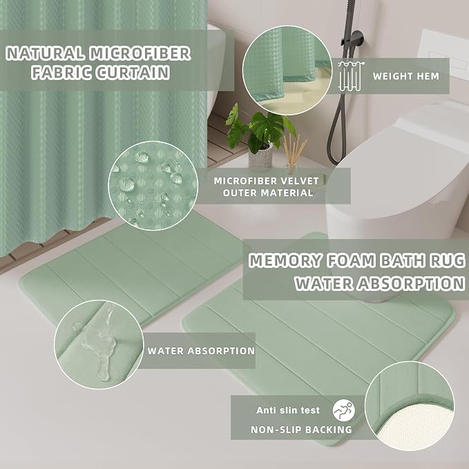 XLHOMO Bathroom Accessories Set - 25PC Sage Green Bathroom Set, Bathroom Set with Shower Curtain and Rugs, Green Shower Curtain Set, Toilet Brush, Bathroom Trash Can