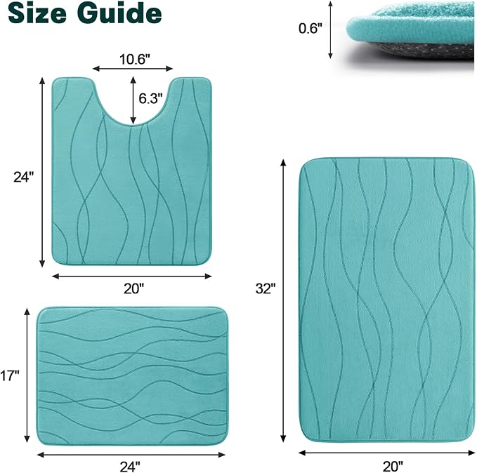 YIHOUSE Bathroom Rugs Set 3 Piece, Memory Foam Bath Mat Teal | Ultra Soft, Absorbent, Non-Slip, Machine Washable, for Bathroom, Sink and Toilet