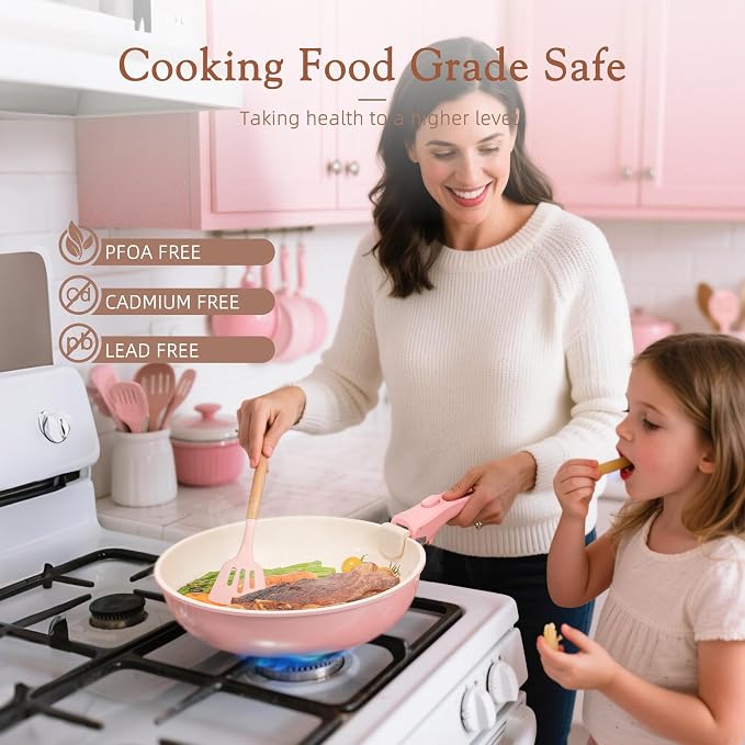 Astercook 23 Pcs Pots and Pans Set Non Stick, Ceramic Cookware Set Detachable Handle, RV Kitchen Cooking Set Removable Handles, Oven Safe, Induction Ready, Stackable, Pink, Mothers Day Gifts