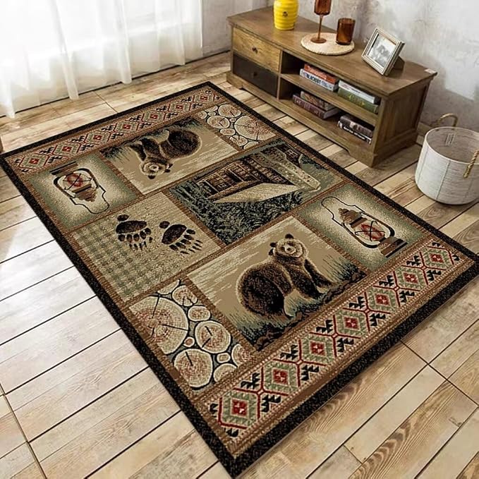 Rustic Cabin Bear Rugs 2ftx3ft Western Wildlife Bear Paw Print Area Rug for Hallway Bathroom Bedroom Non-Slip Lodge Farmhouse Indoor Floor Pad