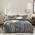 100% Washed Cotton Duvet Cover Queen Size Dark Grey Bedding Set Cover 1 Duvet Cover with Zipper Closure and 2 Pillowcases, 90inch x 90inch