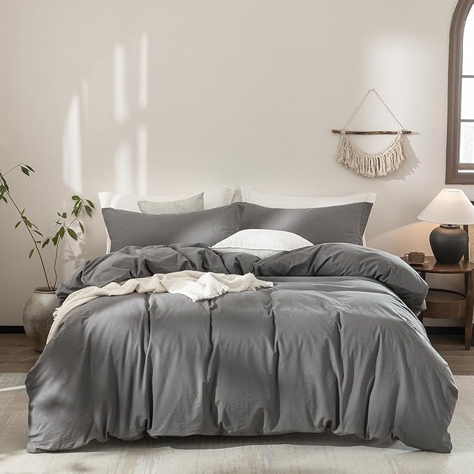 100% Washed Cotton Duvet Cover Queen Size Dark Grey Bedding Set Cover 1 Duvet Cover with Zipper Closure and 2 Pillowcases, 90inch x 90inch