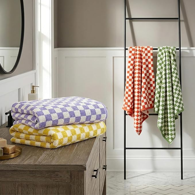 Checkered Bath Towels Set of 4 - Cotton Towels for Bathroom, Beach, Pool | Shower Towels (Purple, Yellow, Green, Orange), 520GSM