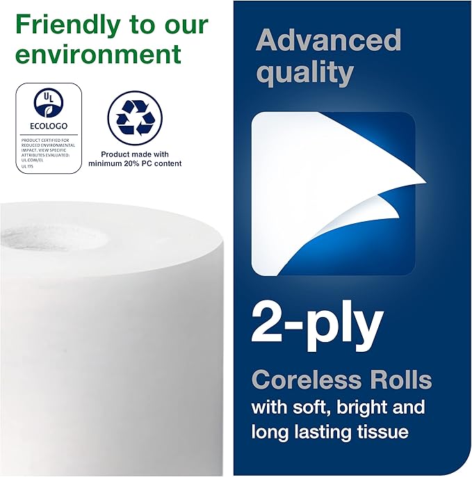 Tork Coreless High-Capacity Toilet Paper Roll White T7, Advanced, 2-Ply, 12 x 1000 sheets, 472881