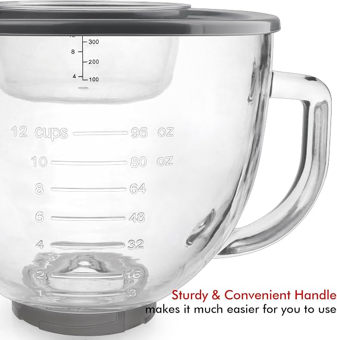 Glass Mixing Bowl 5 QT for KitchenAid 4.5 and 5 Quart Tilt-Head Stand Mixers, Measuring cups with scales, Fits Artisan KSM150, RRK150, KSM100, K45SS, KSM90, KSM95, K45, KSM110, 5KSM125